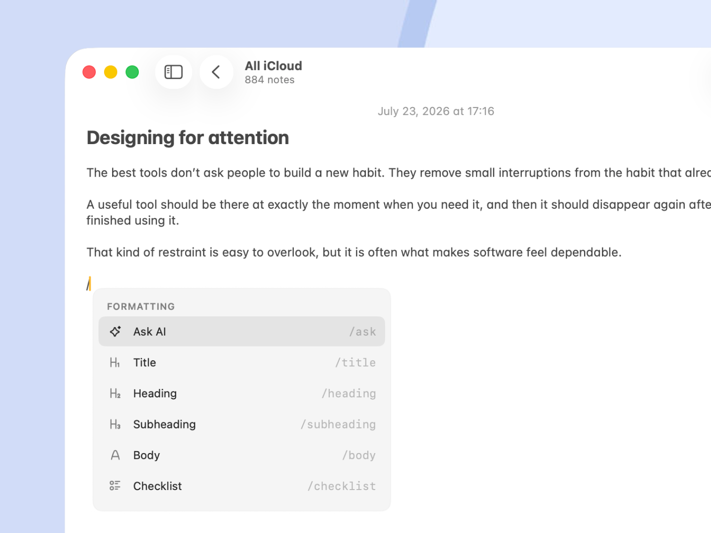 A slash command menu at the Apple Notes caret, with Checklist selected.