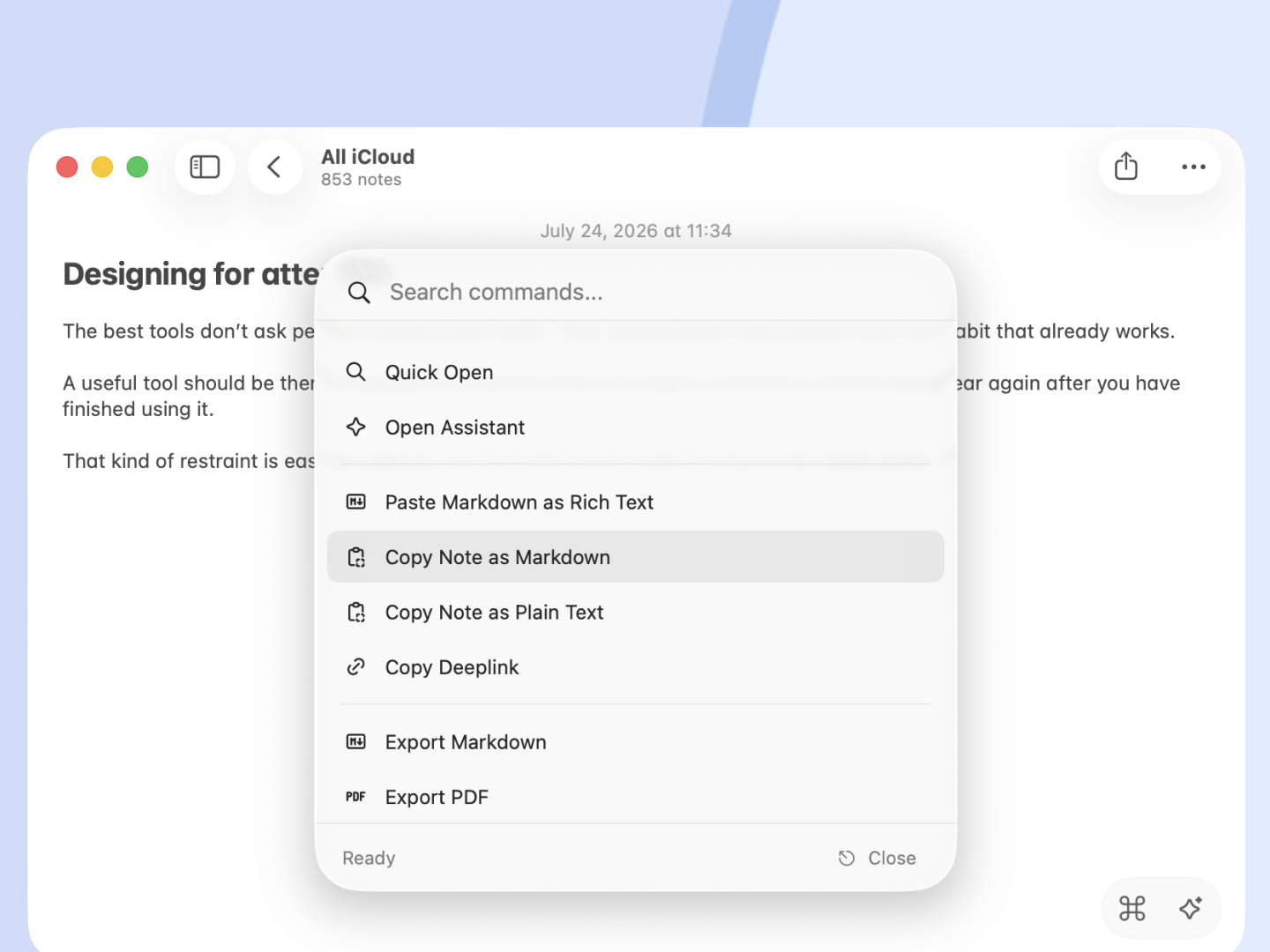 Notomo’s command palette over Apple Notes, with Copy Note as Markdown selected.
